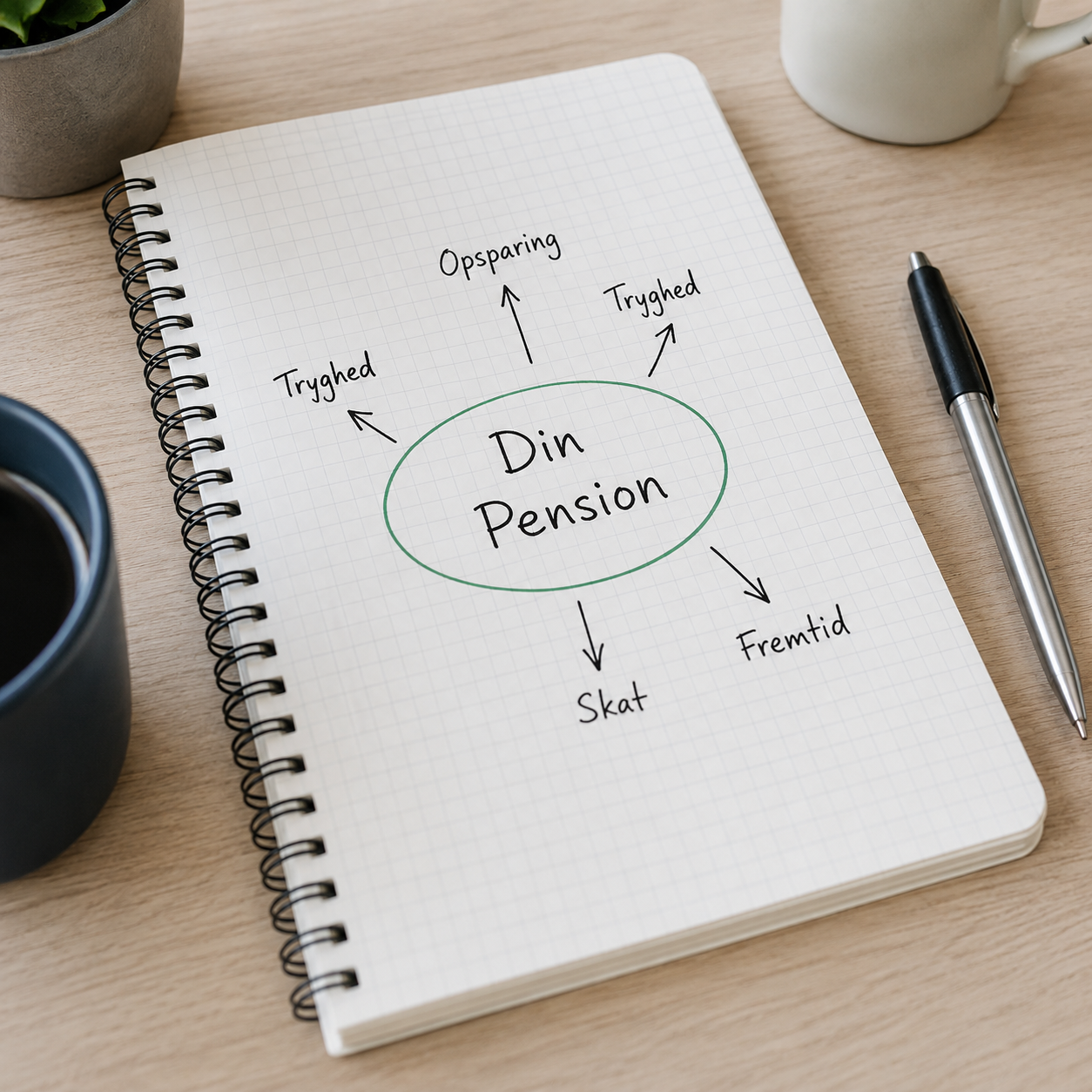 Notesbog med diagram over virksomhedens pensionsordning