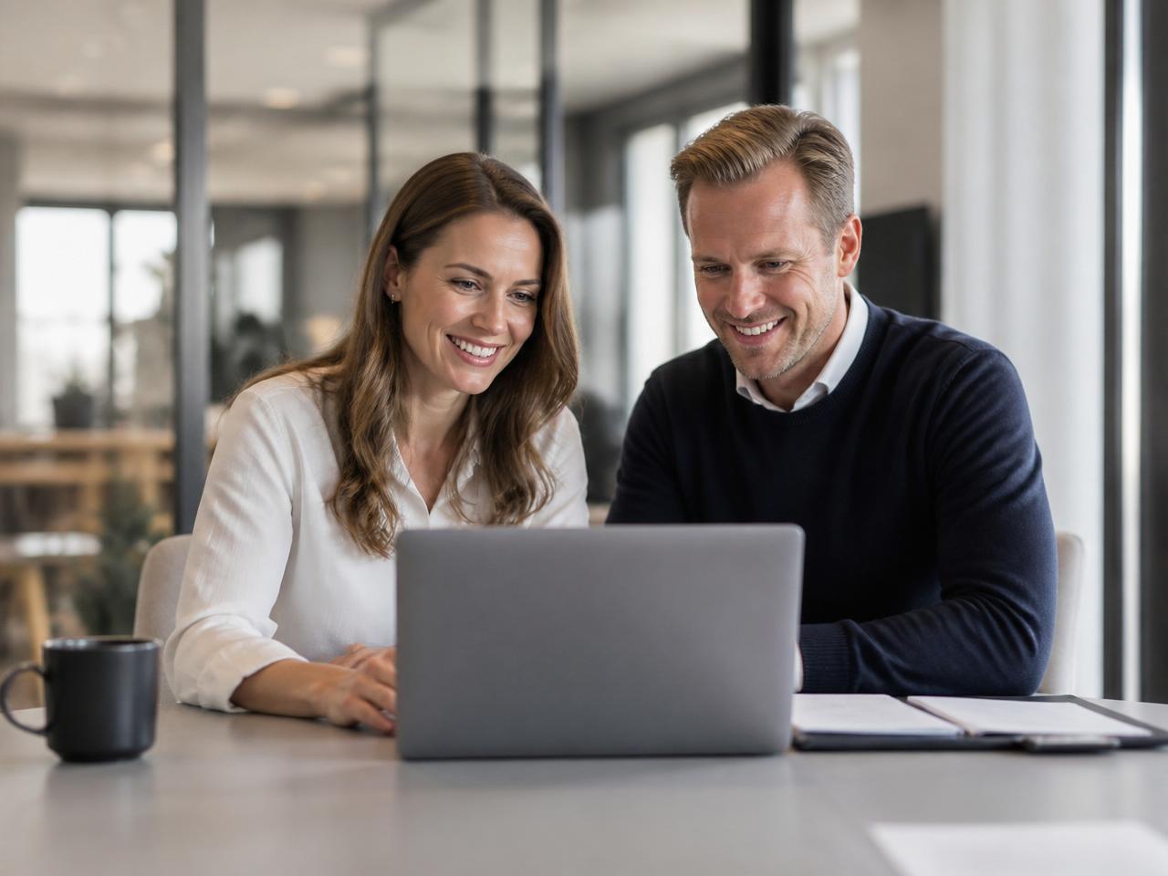 To rådgivere gennemgår en pensionsordning på en bærbar computer